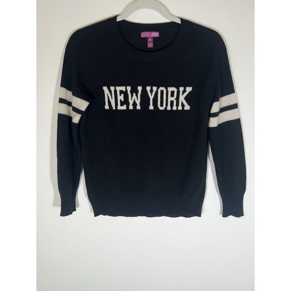 AQUA black 100% cashmere crewneck sweater NEW YORK white graphic M preppy - Picture 1 of 8